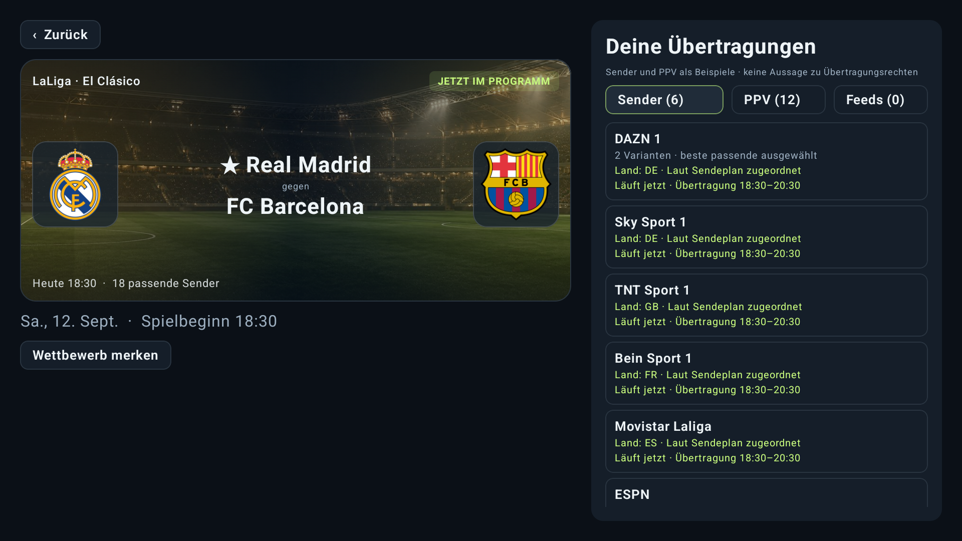 El Clásico: Real Madrid gegen FC Barcelona mit Wappen, sechs Sendergruppen und zwölf PPV-Optionen im Beispiel.