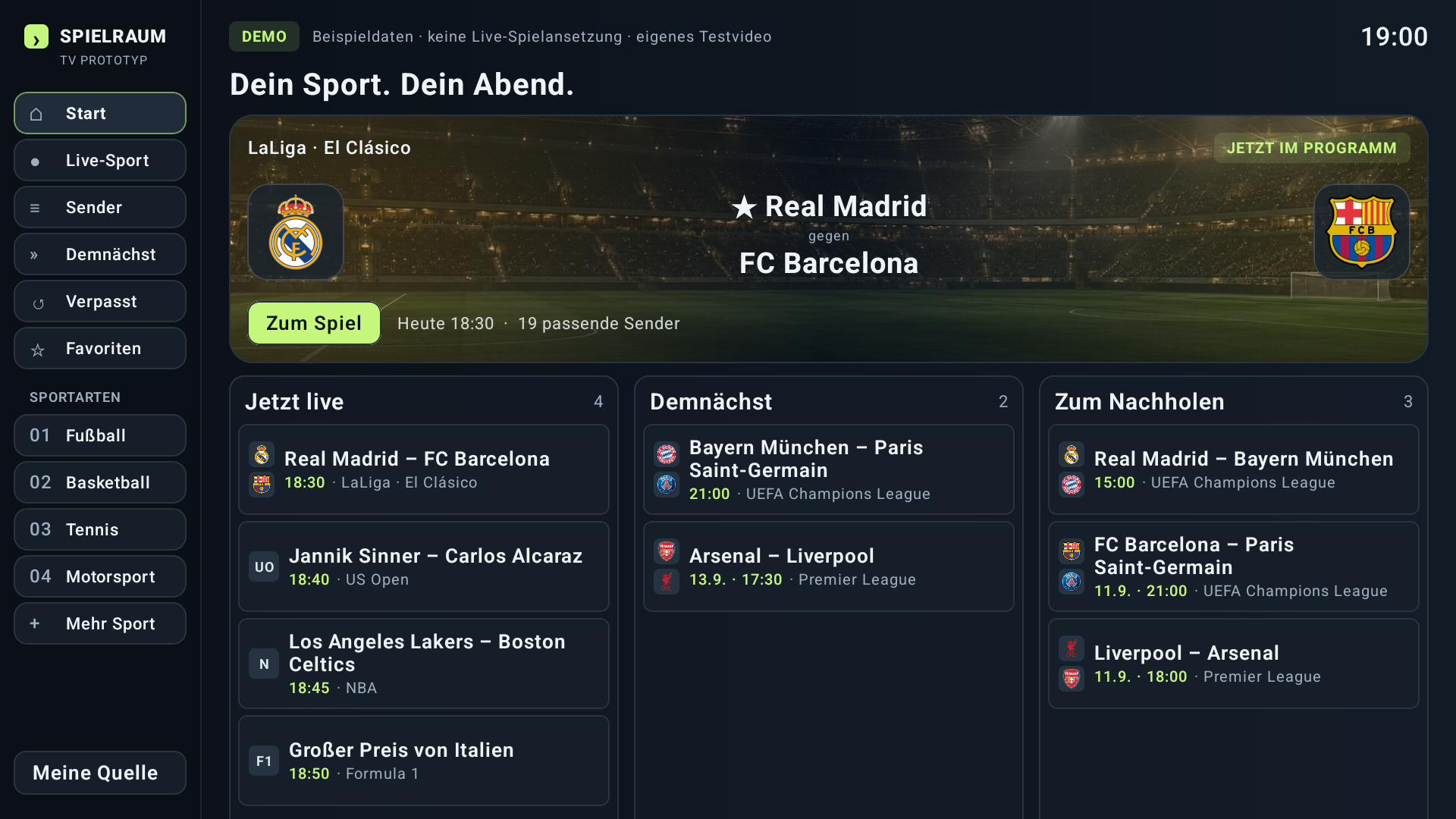 Spielraum TV: Sport-Highlight und die Übersichten Jetzt live, Demnächst und Zum Nachholen auf einem Bildschirm.